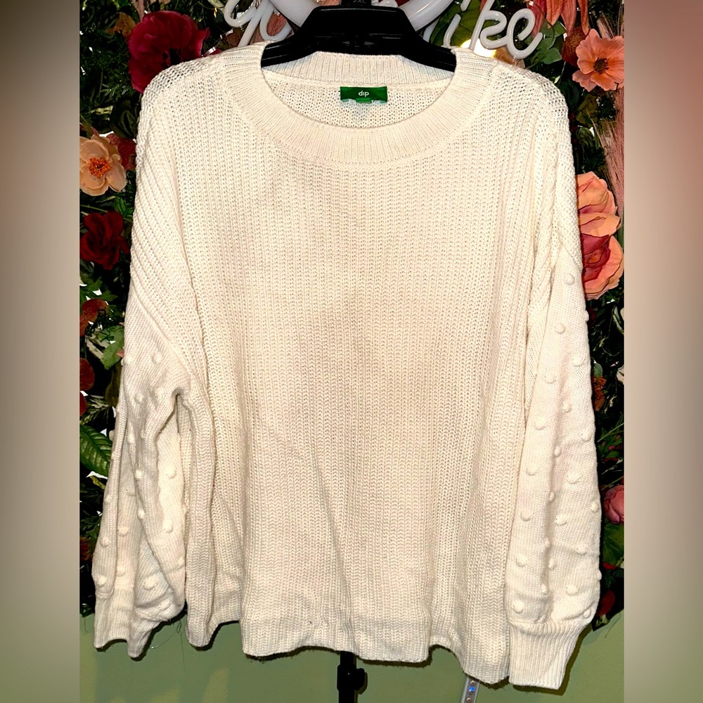Ivory Knit Sweater with Swiss Dot Sleeves